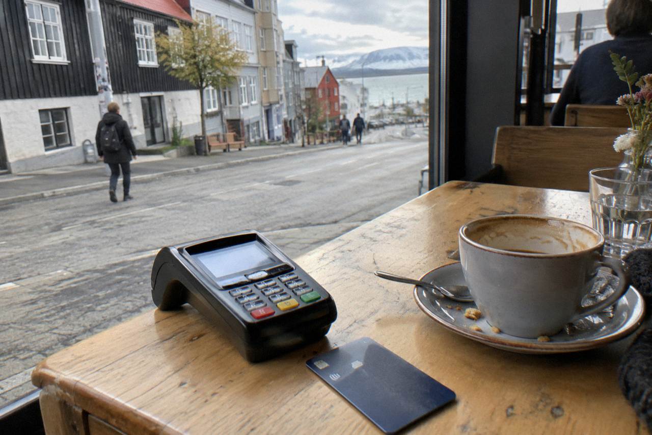 Payment terminal and contactless card on a cafe counter in downtown Reykjavik