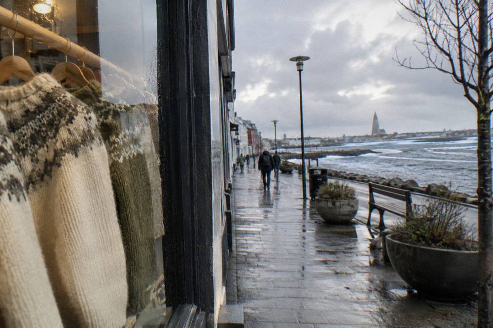 Icelandic wool sweaters and knitwear displayed in a shop window in Reykjavik