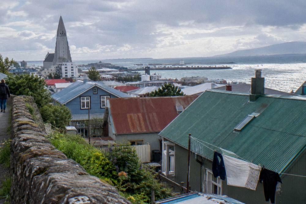 Colorful corrugated iron rooftops of old Reykjavik seen from near Hallgrimskirkja