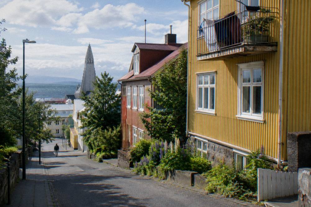 Colourful corrugated iron houses in central Reykjavik under a summer sky