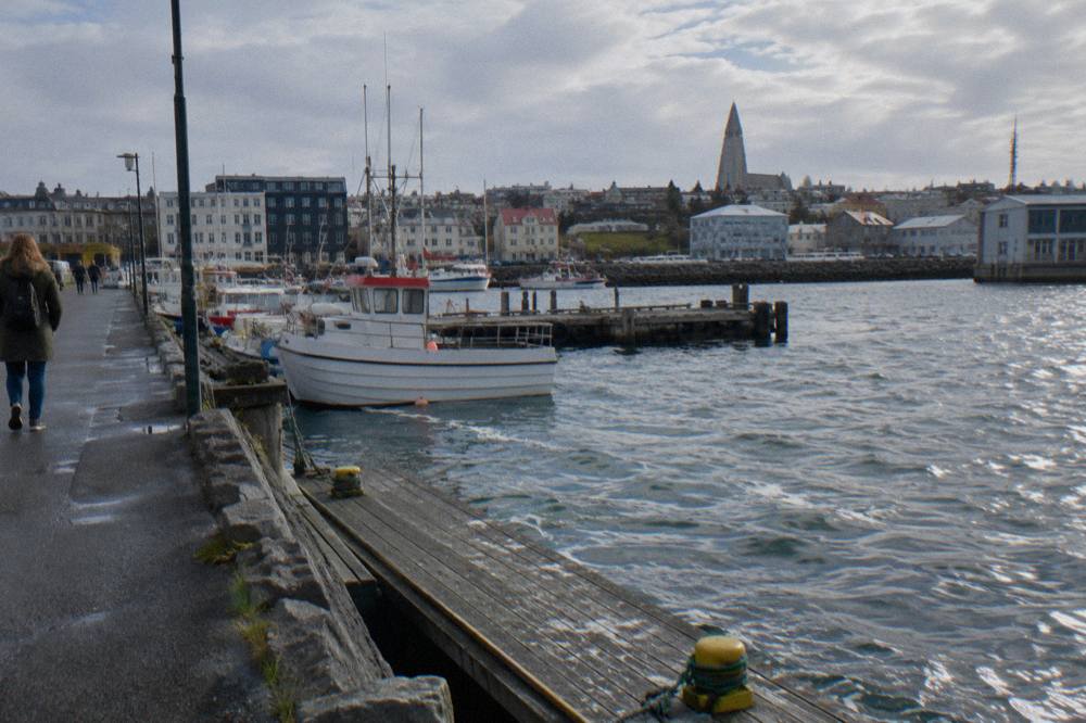 Cyclists on a waterfront path beside Reykjavik harbour with small boats moored along the pier