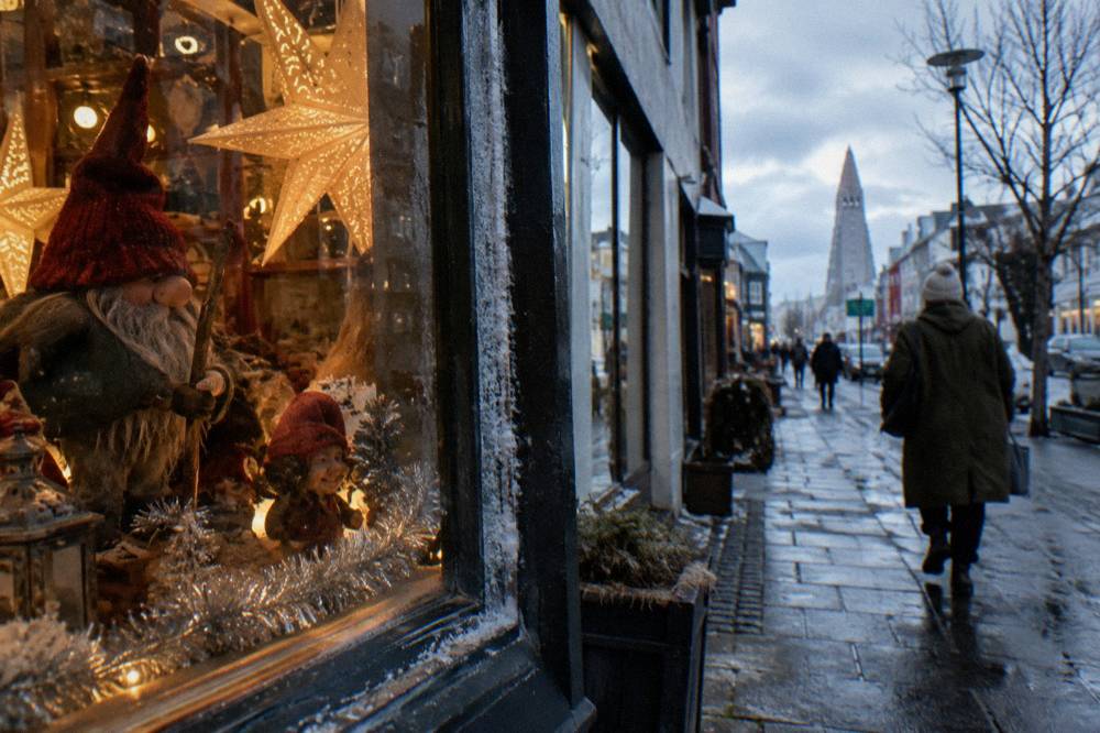 A shop window in Reykjavik displaying Christmas decorations and small troll figures on a dark winter afternoon