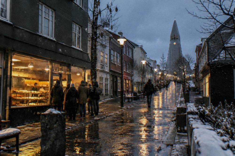 Street lamps glowing along a wet Reykjavik pavement in early winter darkness
