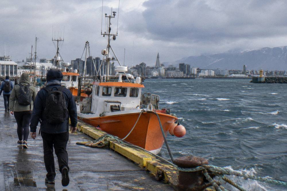 Passengers walking along a harbour promenade toward city buildings