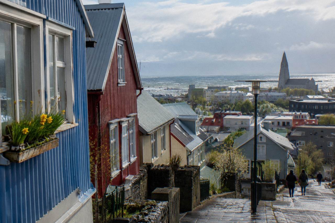 Colourful corrugated iron houses along a quiet street in central Reykjavik
