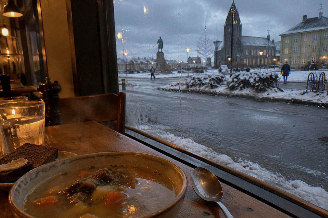 A bowl of Icelandic lamb soup beside dark rye bread on a wooden table in a warm restaurant
