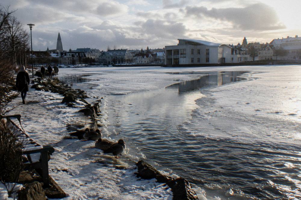 Still water of the town lake with city hall and low buildings reflected at dusk